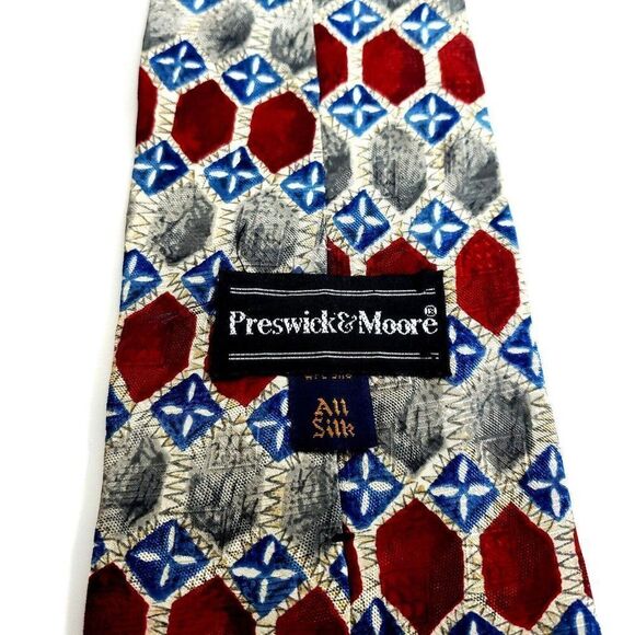Preswick & Moore Tan Red Blue Geometric Print Wide Silk Tie - Picture 3 of 5